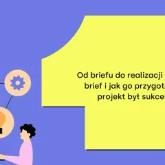 Ilustracja przedstawia schemat procesu projektowego z ikonami: zegar, koło zębate, żarówka, dokumenty, oraz osobę pracującą przy laptopie.