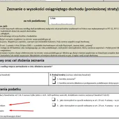 Formularz PIT-37, sekcja B. Sposób rozliczenia podatku. Zaznaczono opcję "wspólnie z małżonkiem" i "jako wdowa/wdowiec", co może oznaczać korektę PIT-37 po otrzymaniu zwrotu.