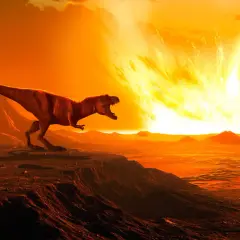 Dinozaur na skraju klifu patrzy na ognistą kulę na niebie. Scena z filmu edukacyjnego "Jak wyginęły dinozaury" dla dzieci.