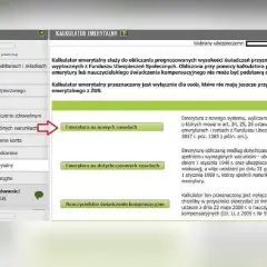 Zrzut ekranu z kalkulatorem emerytalnym ZUS, z zaznaczonymi opcjami "Emerytura na nowych zasadach" i "Kalkulator emerytalny".