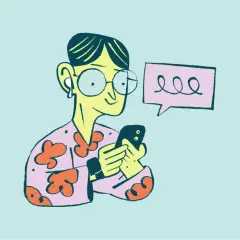Ilustracja: osoba w okularach i bluzie w kwiaty trzyma smartfon, obok dymek z tekstem.