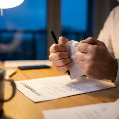 Zaciśnięte dłonie drą dokument z nagłówkiem "WYPOWIEDZENIE". Frustracja towarzyszy pracy nad ważnymi wypowiedzeniami.