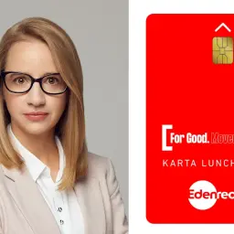 Kobieta w okularach obok czerwonej karty lunchowej z logo Edenred i napisem "KARTA LUNCHOWA".