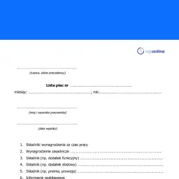 Formularz lista płac z polami do wypełnienia: nazwa pracodawcy, miesiąc, rok, imię i nazwisko pracownika, data wypłaty, składniki wynagrodzenia.