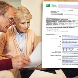 Starsze małżeństwo analizuje dokumenty ZUS dotyczące emerytury. Wniosek o emeryturę zawiera rubryki na dane osobowe, PESEL, NIP, datę urodzenia i inne informacje potrzebne do ustalenia, jakie dokumenty do emerytury są wymagane.