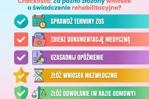 Checklista: Sprawdź terminy ZUS, zbierz dokumenty, uzasadnij opóźnienie, złóż wniosek lub odwołanie, gdy za późno złożony wniosek o świadczenie rehabilitacyjne.