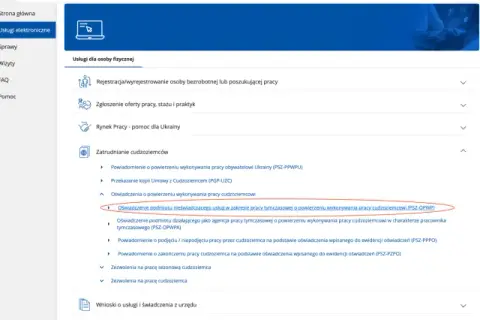 Oświadczenie podmiotu nieświadczącego usług w zakresie pracy tymczasowej o powierzeniu wykonywania pracy cudzoziemcowi (PSZ-OPWP) na portalu Praca.gov.pl.