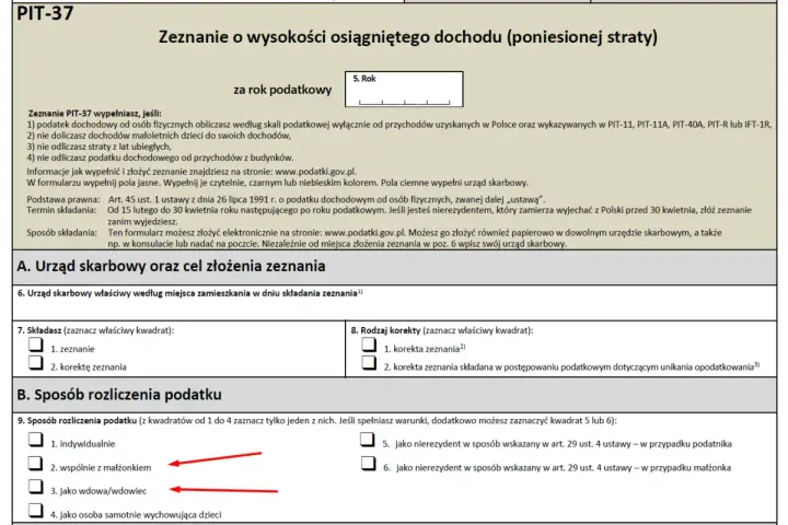 Formularz PIT-37, sekcja B. Sposób rozliczenia podatku. Zaznaczono opcję "wspólnie z małżonkiem" i "jako wdowa/wdowiec", co może oznaczać korektę PIT-37 po otrzymaniu zwrotu.