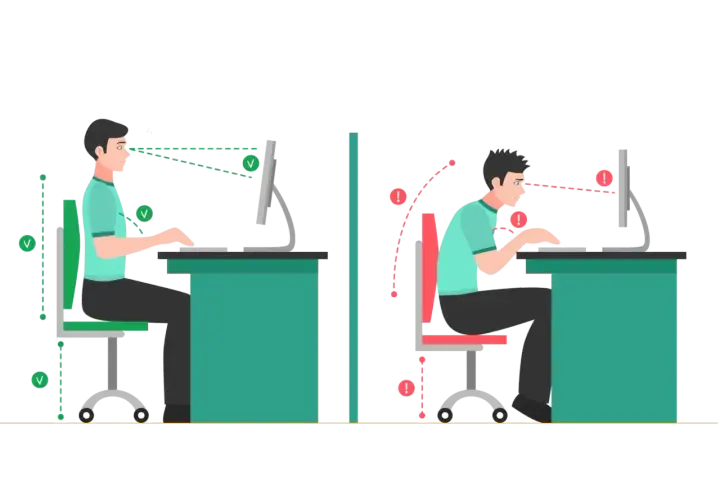 Ilustracja porównująca prawidłową i nieprawidłową postawę przy biurku, z zaznaczonymi wskaźnikami ergonomii.