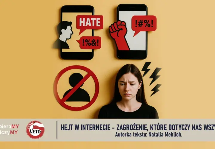 Smutna kobieta obok symboli hejtu w internecie: telefony z napisami "HATE", przekleństwami i zakazem.
