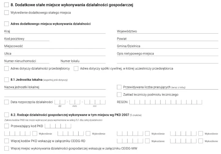 Fragment formularza CEIDG dotyczący dodatkowego miejsca wykonywania działalności gospodarczej.