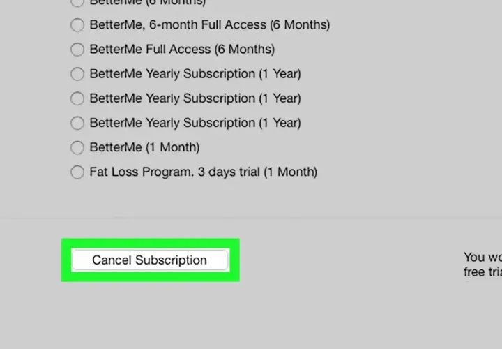 Przycisk "Cancel Subscription" na ekranie wyboru opcji, który pomoże Ci dowiedzieć się, jak zrezygnować z BetterMe.
