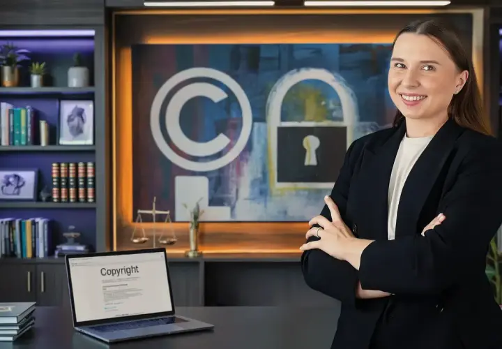 Kobieta w garniturze, laptop z napisem "Copyright", symbol ochrony praw autorskich i kłódka.