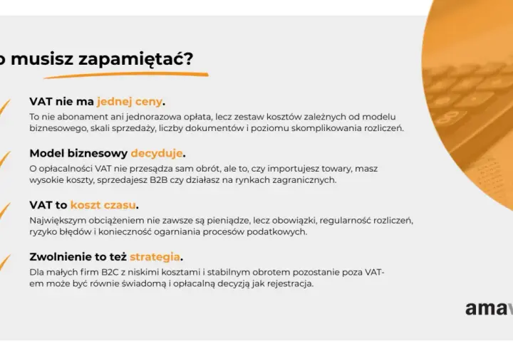 Grafika z tekstem "Co musisz zapamiętać?" i listą punktów o VAT, obok kalkulatora.