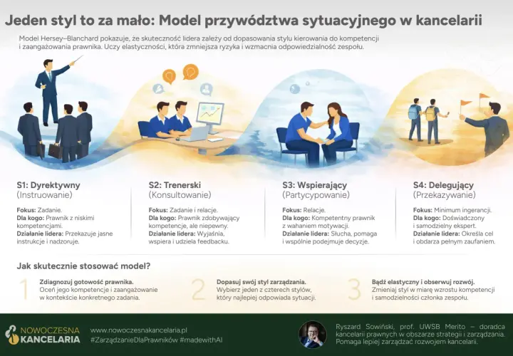 Model przywództwa sytuacyjnego w kancelarii: 4 style dopasowane do kompetencji prawnika. Skuteczne przywództwo wymaga elastyczności.