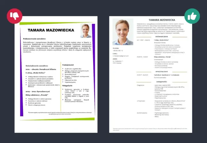 Dwa przykładowe CV z portretem kobiety i danymi kontaktowymi.