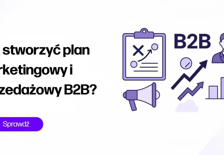 Ilustracja przedstawia elementy planowania marketingowego B2B: wykresy, schemat, megafon i sylwetkę biznesmena.