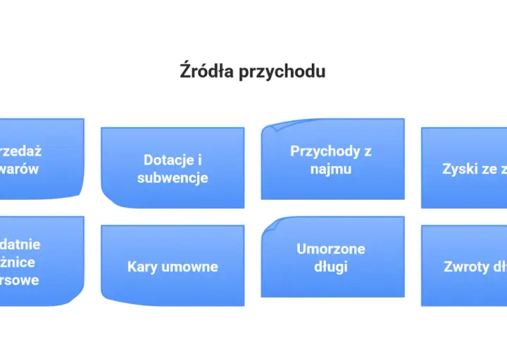 Grafika przedstawia osiem niebieskich prostokątów z zaokrąglonymi rogami, zawierających różne źródła przychodu.