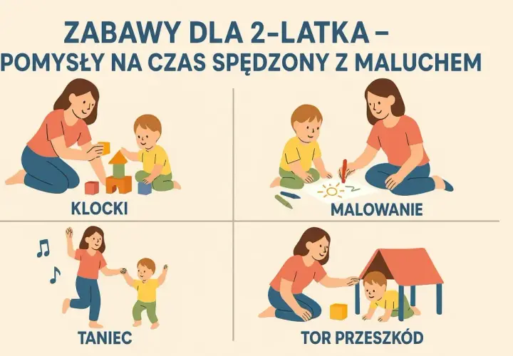 Zabawy dla 2-latka: budowanie z klocków, malowanie, taniec i tor przeszkód. Radość malucha gwarantowana!