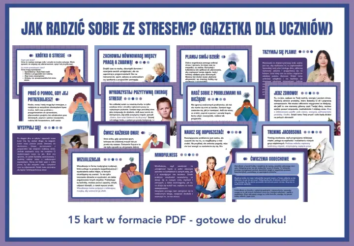 Ilustracja przedstawia kolaż z grafikami i tekstem na temat radzenia sobie ze stresem dla uczniów.
