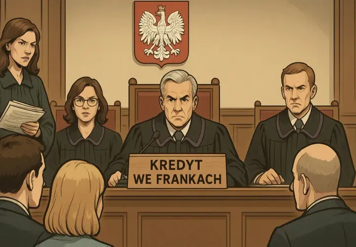 Ilustracja sali sądowej z ławą przysięgłych i tabliczką "Kredyt we frankach".