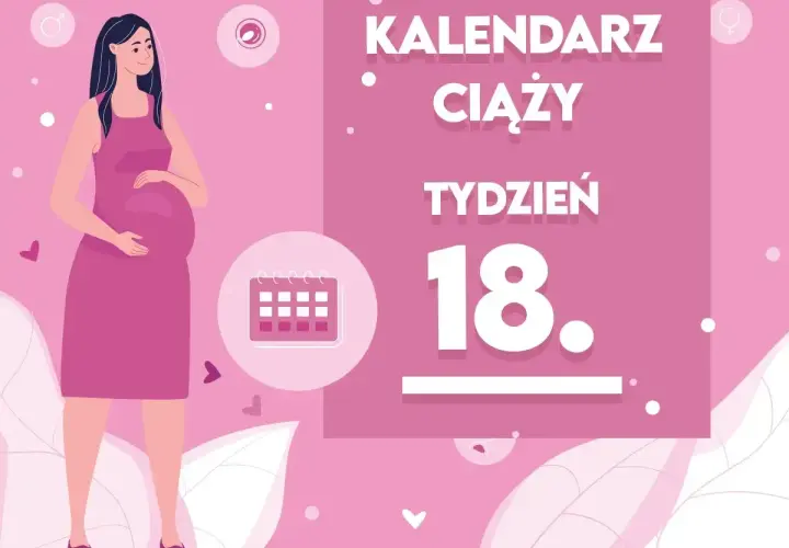 Ilustracja kobiety w ciąży z kalendarzem i napisem "Tydzień 18".