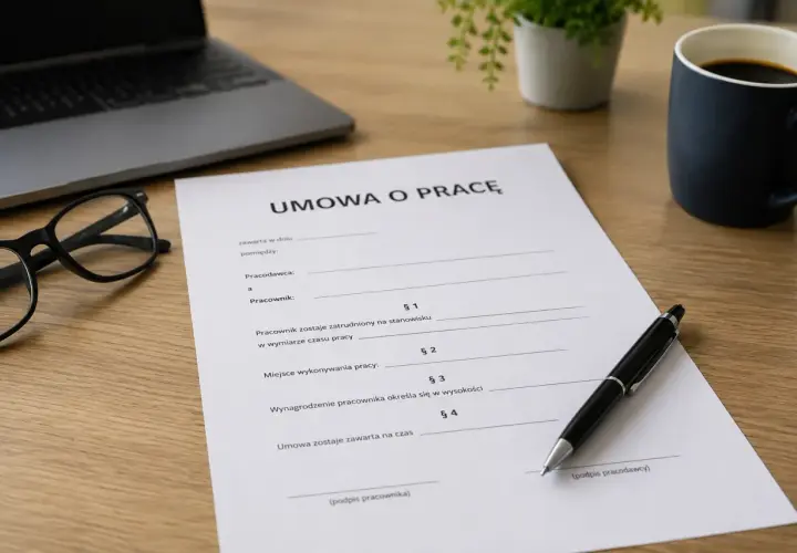 Na biurku leży dokument "Umowa o pracę", obok okulary, laptop i kubek kawy. Gotowa do podpisania.