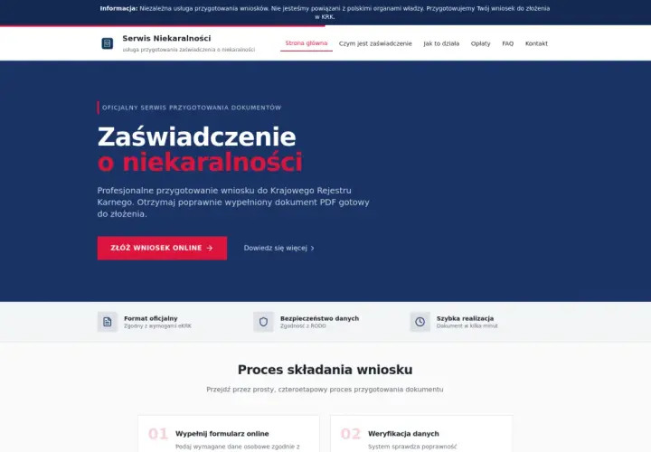 Grafika przedstawia stronę internetową serwisu "Zaświadczenie o niekaralności" z przyciskiem "Złóż wniosek online".