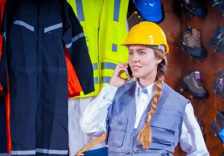 Kobieta w żółtym kasku i kamizelce rozmawia przez telefon, w tle odzież robocza i buty.
