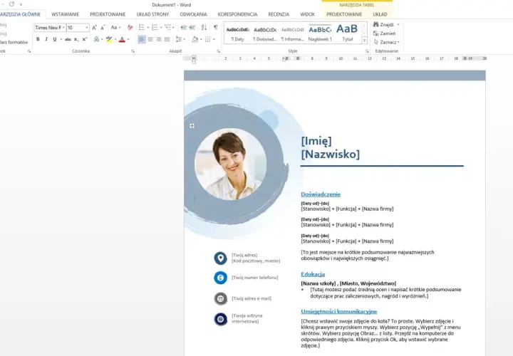 Szablon CV w Wordzie z miejscem na zdjęcie, danymi kontaktowymi, doświadczeniem, edukacją i umiejętnościami.