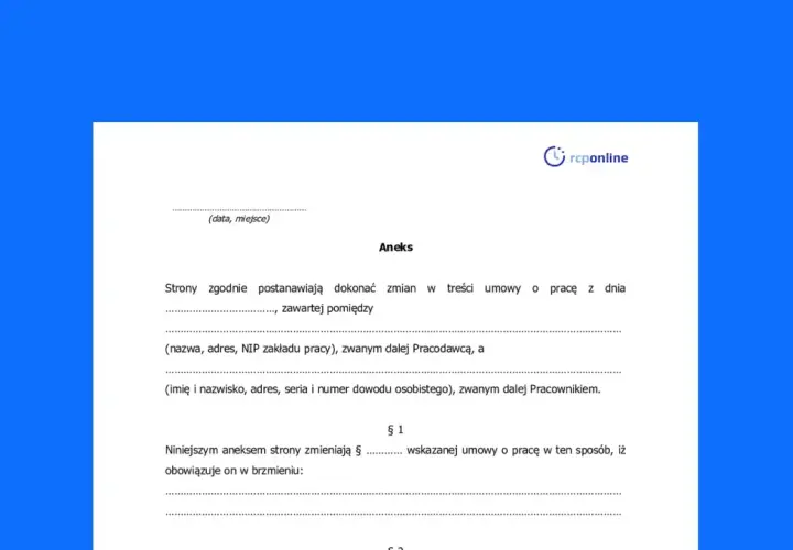 Fragment dokumentu "Aneks" z tekstem dotyczącym zmian w umowie o pracę.