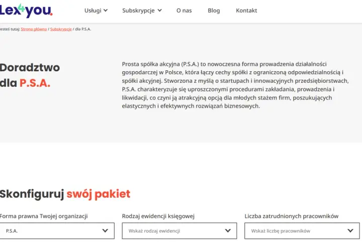 Nagłówek "Doradztwo dla P.S.A." i formularz wyboru formy prawnej.