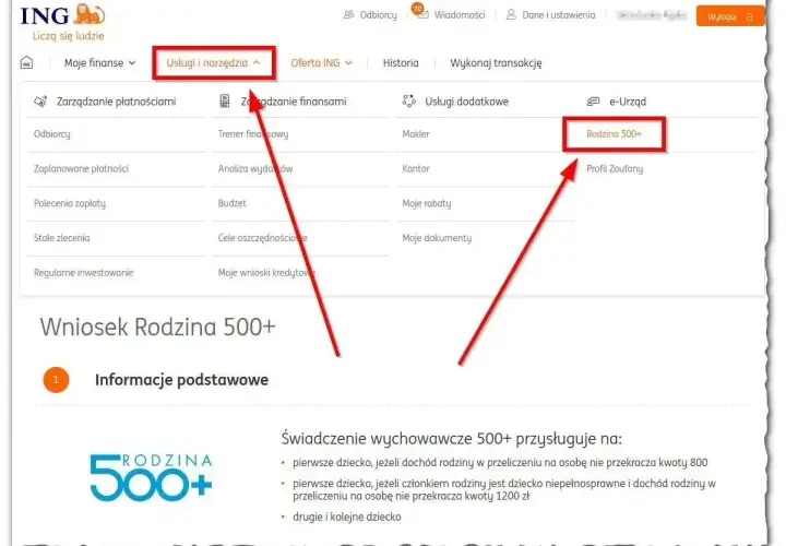 Wniosek Rodzina 500+ w ING. Kliknij "Rodzina 500+" w usługach dodatkowych, aby złożyć wniosek o zasiłek rodzinny.
