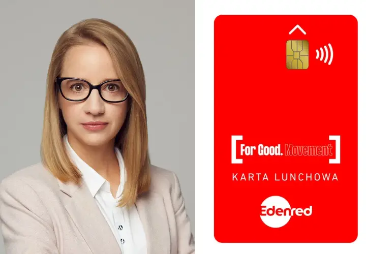 Kobieta w okularach obok czerwonej karty lunchowej z logo Edenred i napisem "KARTA LUNCHOWA".