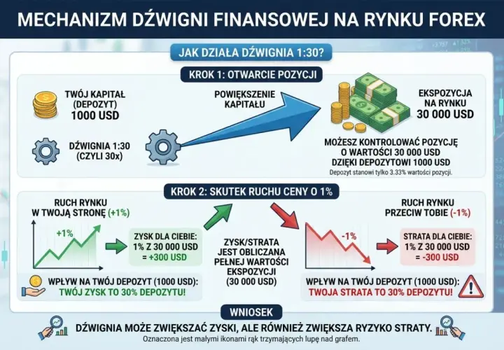 Dźwignia finansowa 1:30 pozwala kontrolować 30 000 USD z depozytem 1000 USD. Ruch ceny o 1% to 300 USD zysku lub straty.