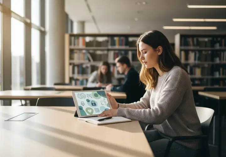 Dziewczyna w bibliotece szuka inspiracji na ciekawe kierunki studiów dla niezdecydowanych, przeglądając tablet z ikonami symbolizującymi różne dziedziny.