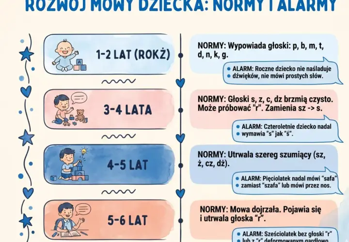 Roczne dziecko uczy się mówić. Na schemacie widać rozwój mowy od 1 do 6 lat.
