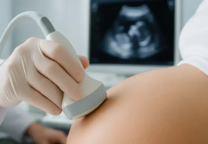 Ginekolog wykonuje USG. Na ekranie widać zarodek, to **6 tydzień ciąży**.
