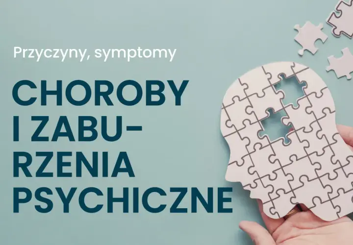 Głowa z puzzli z brakującym elementem, tekst "Choroby i zaburzenia psychiczne".