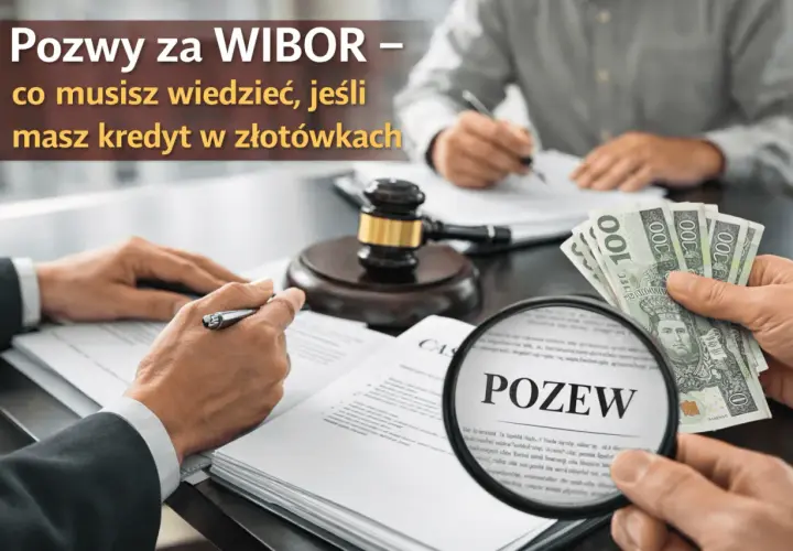 Dłonie trzymające pieniądze i dokumenty, lupa z napisem "POZEW", młotek sędziowski.