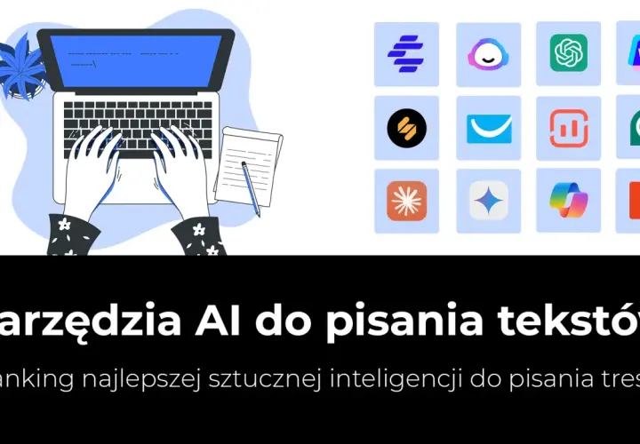 Ilustracja przedstawia dłonie piszące na laptopie obok notatnika, a po prawej stronie ikony narzędzi AI.