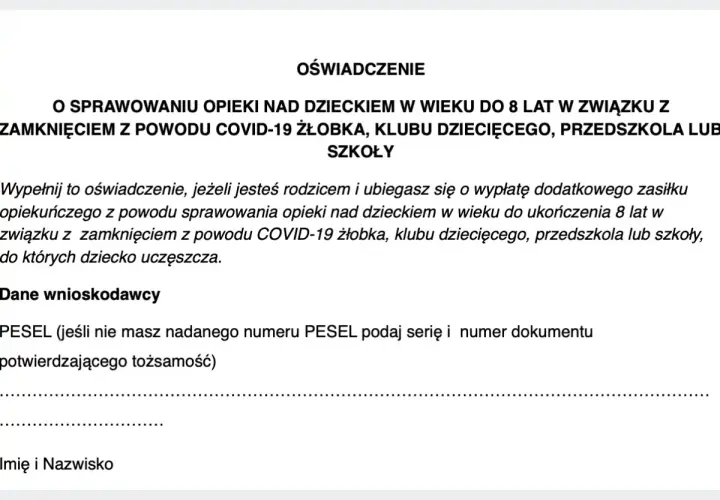 Fragment formularza oświadczenia dotyczącego sprawowania opieki nad dzieckiem w wieku do 8 lat z powodu COVID-19.