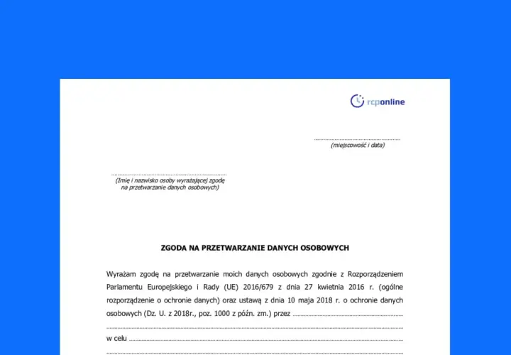 Formularz zgoda na przetwarzanie danych osobowych, zawierający pole na imię i nazwisko, miejscowość i datę, oraz tekst o zgodzie na przetwarzanie danych zgodnie z RODO.