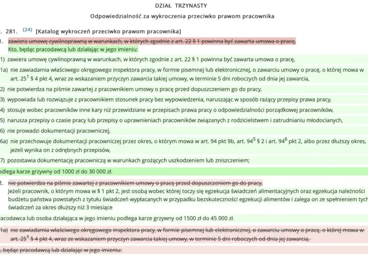 Fragment tekstu prawnego dotyczący odpowiedzialności pracodawcy za wykroczenia przeciwko prawom pracownika.
