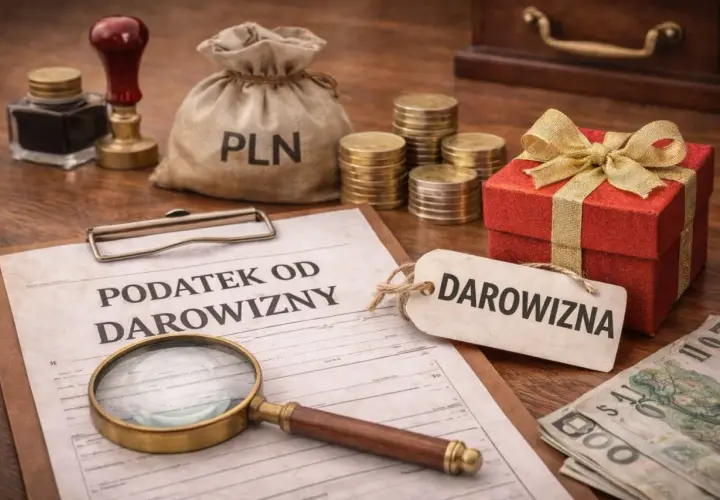 Dokument "Podatek od darowizny", lupa, worek z PLN, monety, prezent i banknoty.