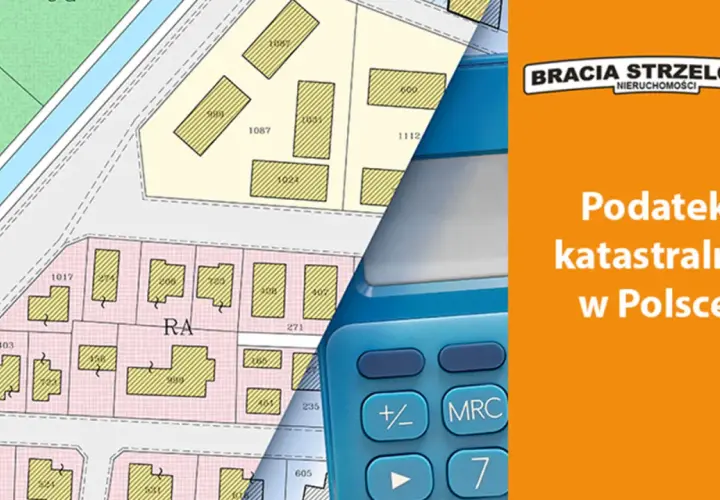 Mapa działek i fragment kalkulatora na pomarańczowym tle z napisem "Podatek katastralny w Polsce".