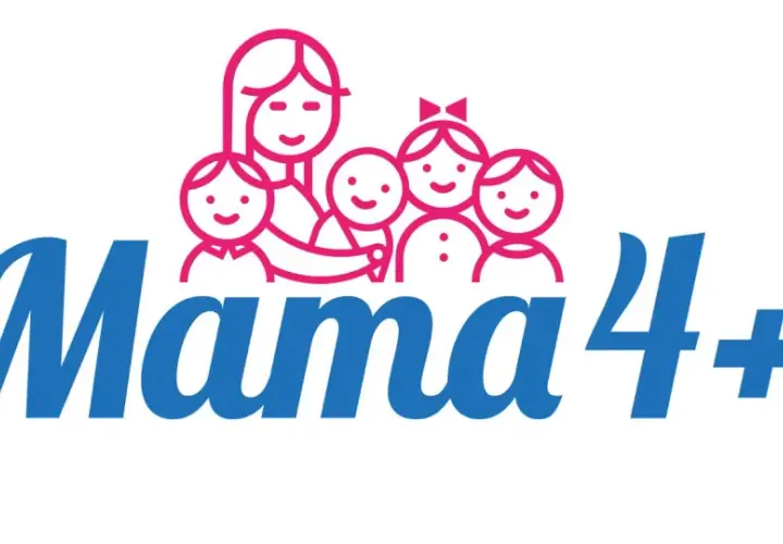 Logo "Mama 4+" z uśmiechniętą mamą i czwórką dzieci. Symbolizuje wsparcie dla rodzin, jak rodzicielskie świadczenie uzupełniające.