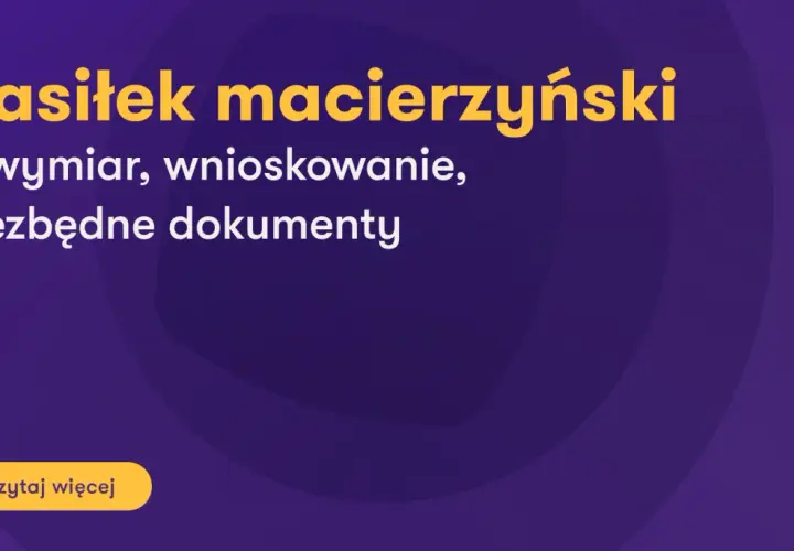Grafika z tekstem "Zasiłek macierzyński - wymiar, wnioskowanie, niezbędne dokumenty" i przyciskiem "Czytaj więcej".