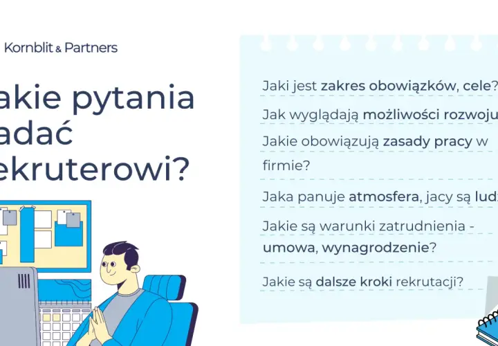 Ilustracja przedstawia mężczyznę siedzącego przy biurku z komputerem, na którym wyświetlają się pytania dotyczące rozmowy kwalifikacyjnej.