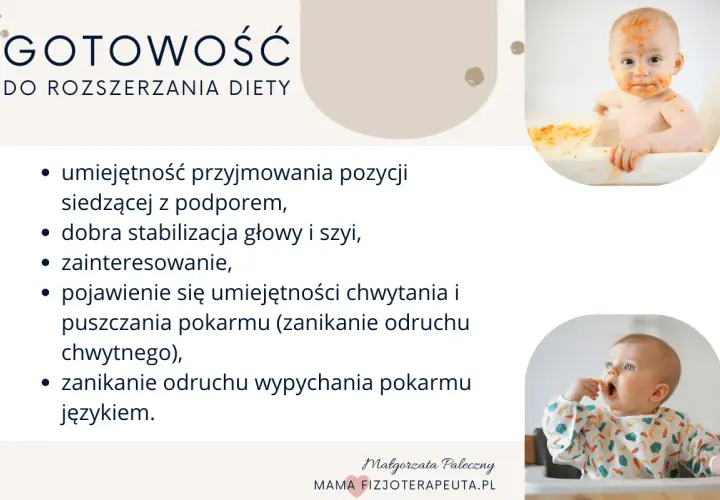 Gotowość do rozszerzania diety u 6-miesięcznego dziecka: siedzenie z podparciem, stabilna głowa, zainteresowanie jedzeniem i zanik odruchów.